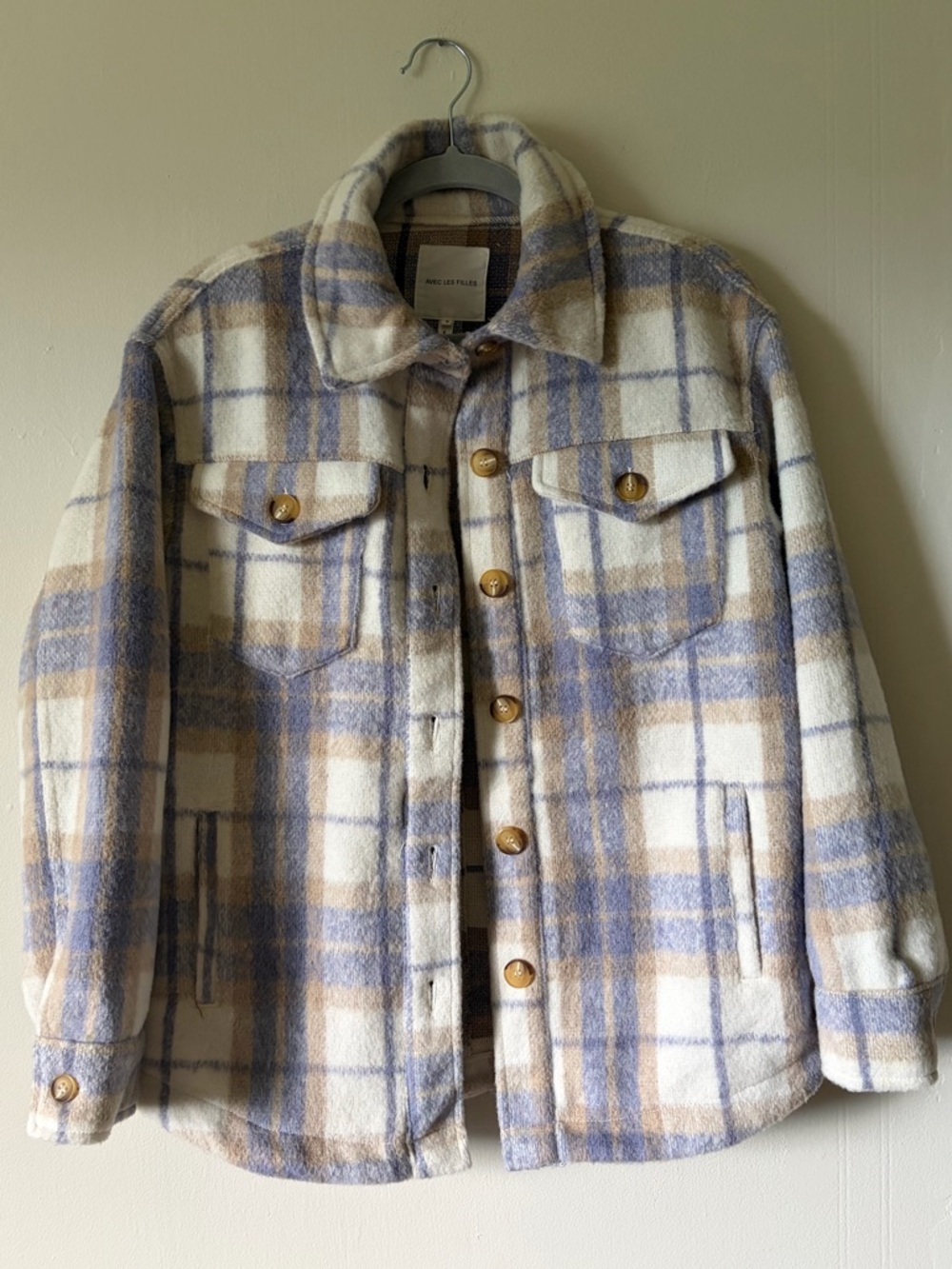 Avec Les Filles Plaid Shacket Jacket in Blue & Cream